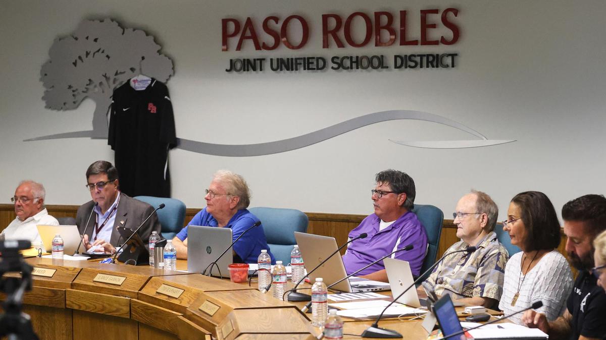 Members of The Paso Robles Joint Unified School District Board of Trustees listen during their meeting on June 22, 2021. From left: Christopher Arend, board president; Chris Bausch, board clerk; Jim Reed; Lance Gannon; Tim Gearhart; Dorian Baker; and Nathan Williams.