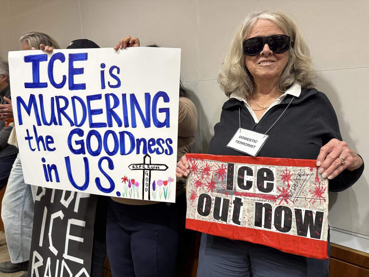 Protesters packed the San Luis Obispo County Board of Supervisors meeting on Jan. 27, 2026, ahead of a forum with the Sheriff’s Office on local ICE activity data.