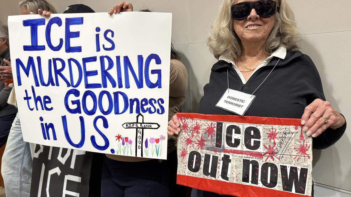 Protesters packed the San Luis Obispo County Board of Supervisors meeting on Jan. 27, 2026, ahead of a forum with the Sheriff’s Office on local ICE activity data.