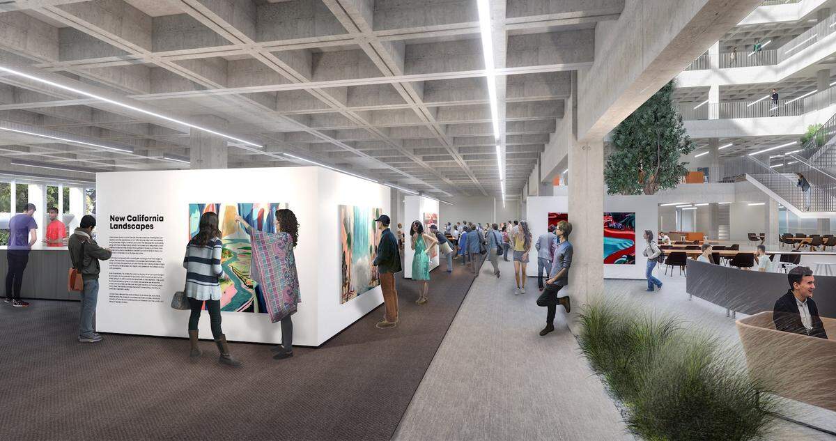 A concept design of a renovated Kennedy Library at Cal Poly shows a global ballery to display student work.