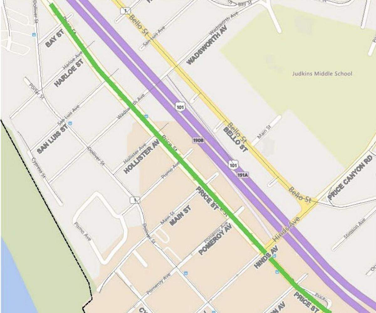 Road repairs are planned for this section of Price Street in Pismo Beach as part of the city’s paving project.