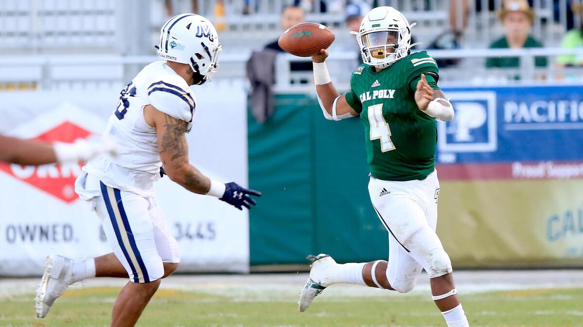 Cal Poly quarterback Jalen Hamler rolls out for a pass Saturday against Montana State at Alex Spanos Stadium.