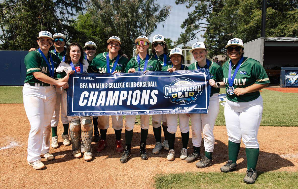 Cal Poly’s women’s club baseball team celebrates its Baseball for All collegiate championship at a tournament held April 4-6, 2025, in Petaluma.