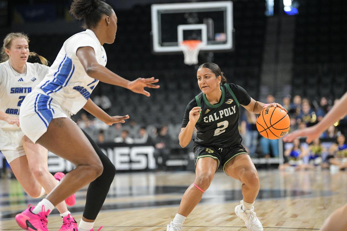 Annika Shah dribbles the ball as Cal Poly women’s basketball team beat UC Santa Barbara 56-54 on the first day of the Big West Championship tournament, March 12, 2025.