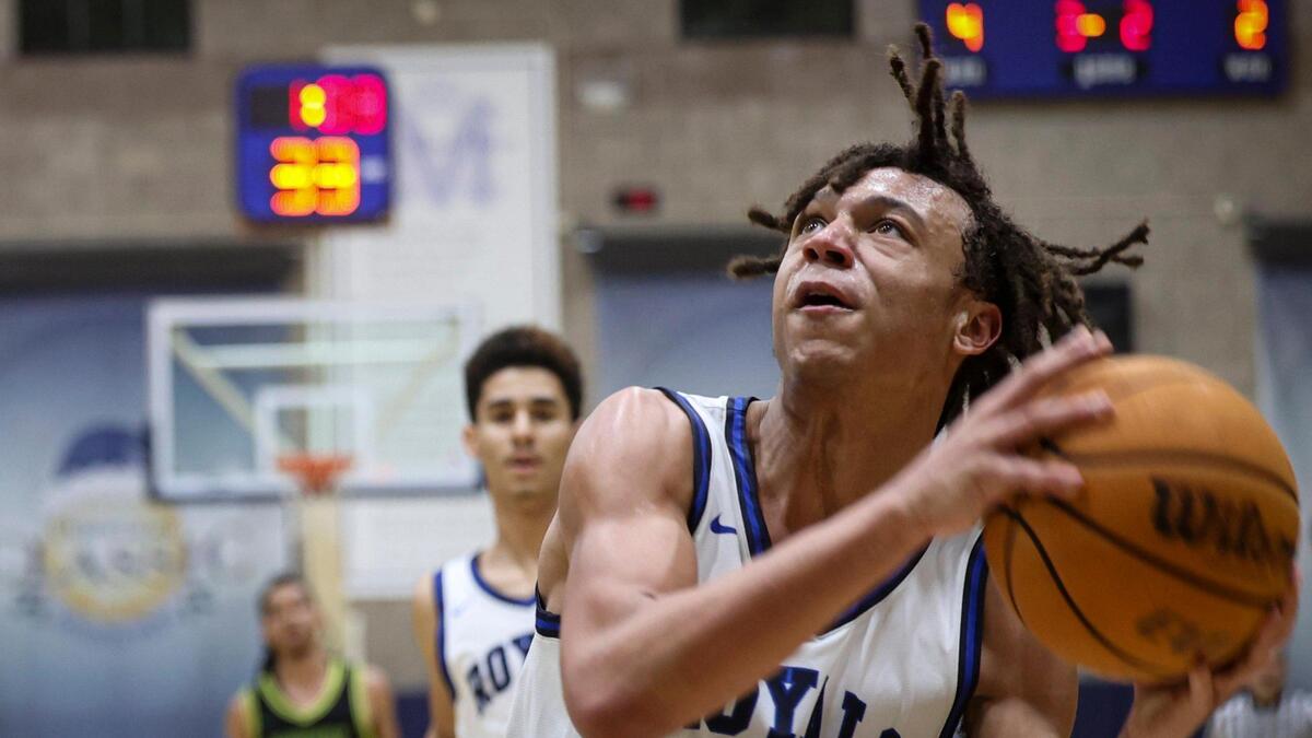 Jayden Nozil gathers for shot. Mission Prep beat Roosevelt 80-52, in a boys’ playoff basketball game on Feb. 19, 2025.