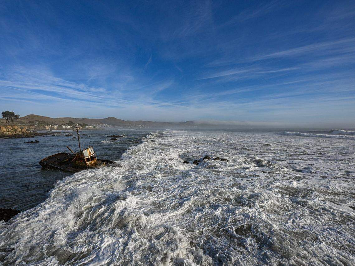 Estero Bluffs State Park on Dec. 23, 2024, as strong waves slammed the Central Coast, breaking loose a piling from the Cayucos pier.