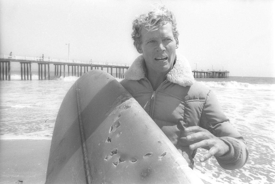 Cayucos pier lifeguard Casimir Pulaski shows 14-inch jaw imprint left by shark that bit his board off Montana de Oro State Park, July 24, 1982.