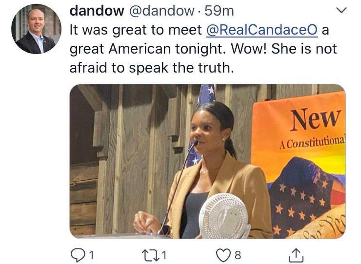 A screen grab from San Luis Obispo County District Attorney Dan Dow’s Twitter page on Oct. 13 following a “New California” fundraiser in Pismo Beach featuring controversial conservative activist Candace Owens.