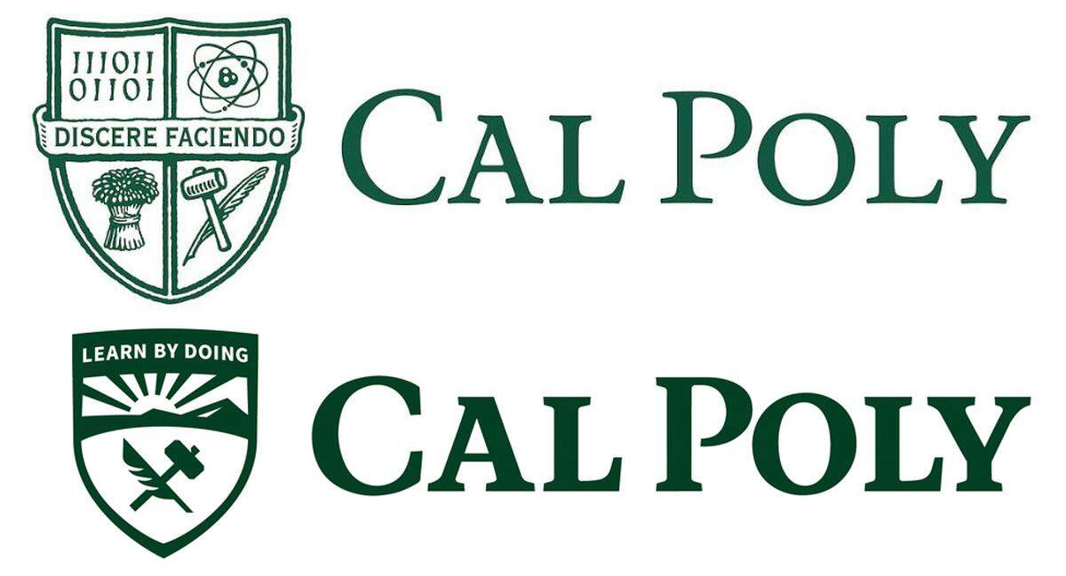 Cal Poly unveiled its updated branding and new logo, bottom, on April 30, 2019, to replace the old logo, top.