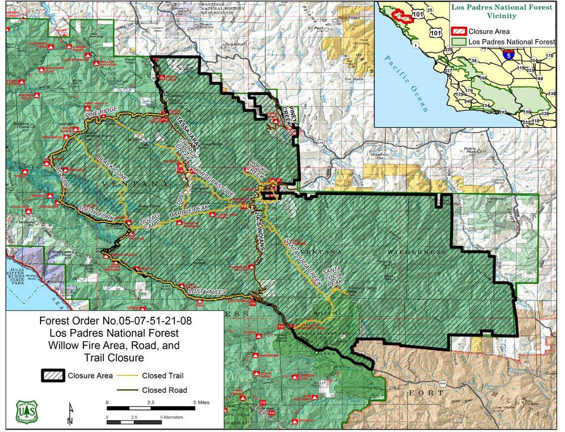 A map of the closed area in the Los Padres National Forest in Monterey County due to the Willow Fire.