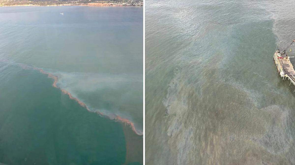 Aerial views of an oil slick that appeared off the coast of Summerland.