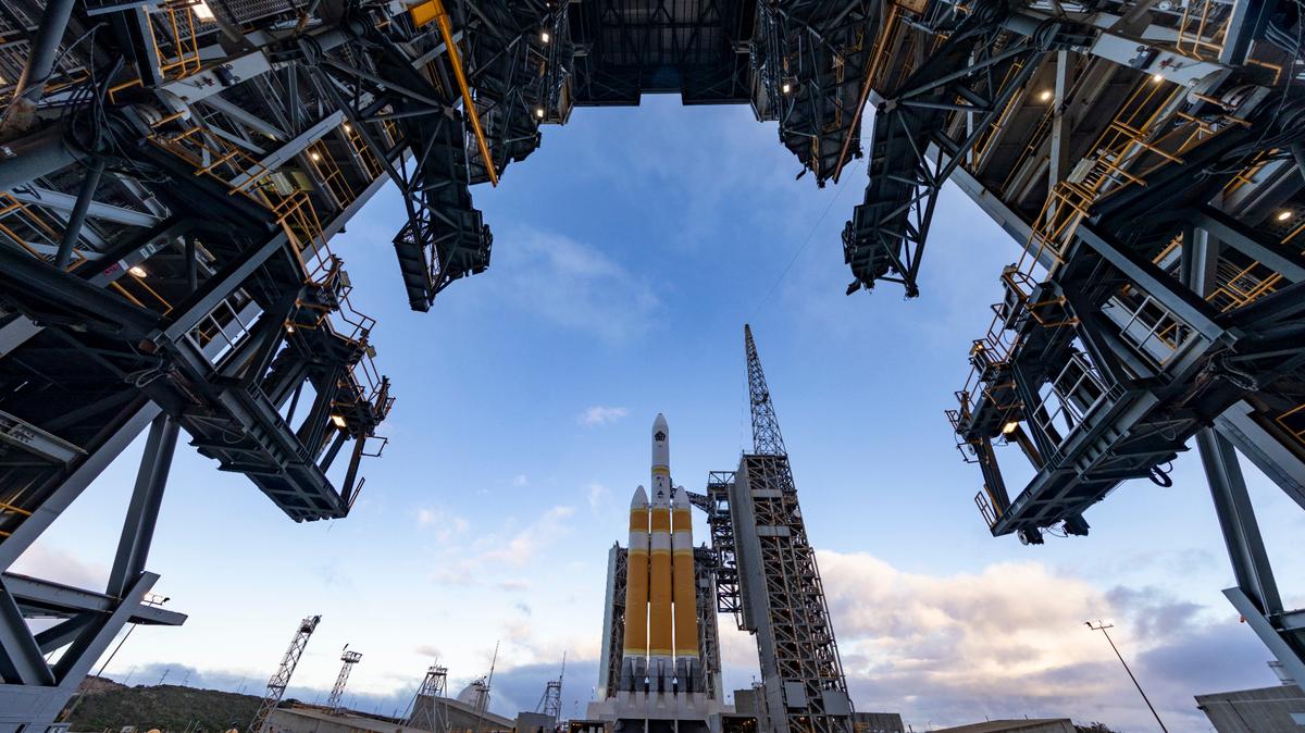 United Launch Alliance’s Delta IV Heavy rocket is undergoing final preparations to launch from Vandenberg Air Force Base near Lompoc, California.