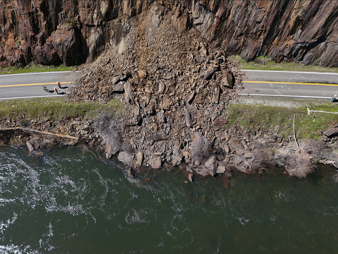 A debris slide closed Highway 140 in both directions near the entrance to Yosemite National Park on Monday, March 17, 2025.