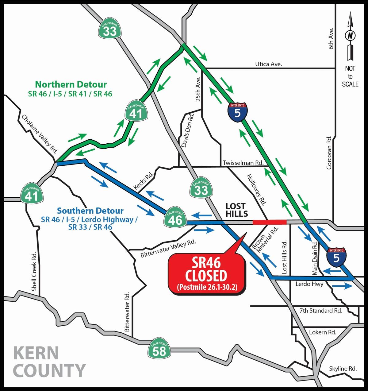 Highway 46 will be closed from west of Lost Hills Road to west of Brown Material Road and Holloway Road in Kern County, starting on Monday, Oct. 2, 2023, and ending in mid-November.