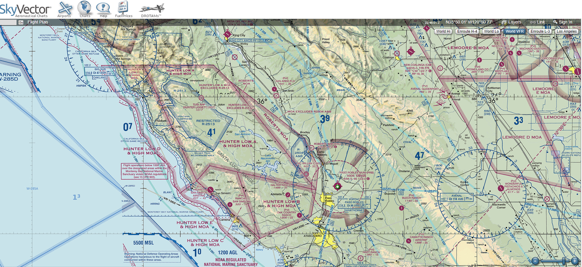 This map of military operating areas shows some sectors where pilots can fly their jets over San Luis Obispo County and its neighbors.