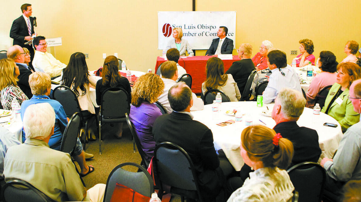 John Reger, left, of KSBY, asks Lois Capps and Abel Maldonado a question from the audience during a 'Meet the Candidates' forum put on by the San Luis Obispo Chamber of Commerce at Grace Church.
Photo by Joe Johnston 08-07-12