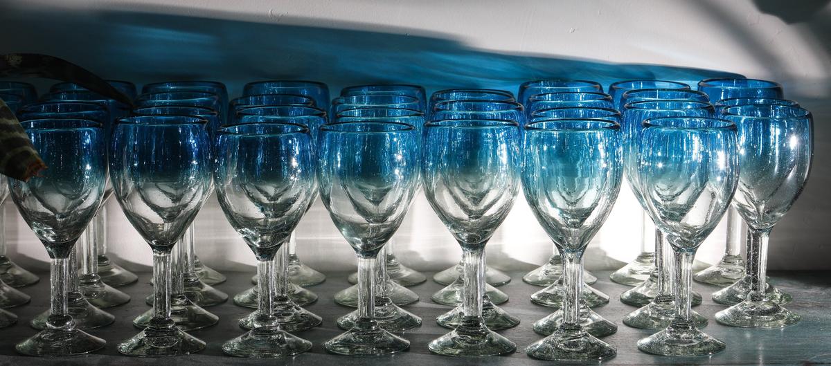 Teal-colored glassware adds vibrancy to La Esquina Taqueria in downtown San Luis Obispo.