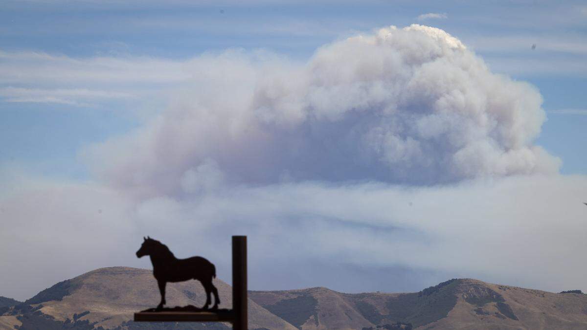 Smoke rises from the Gifford Fire burning behind the front of the Coast Range, seen here in a view from Buckley Road on Aug. 7, 2025.