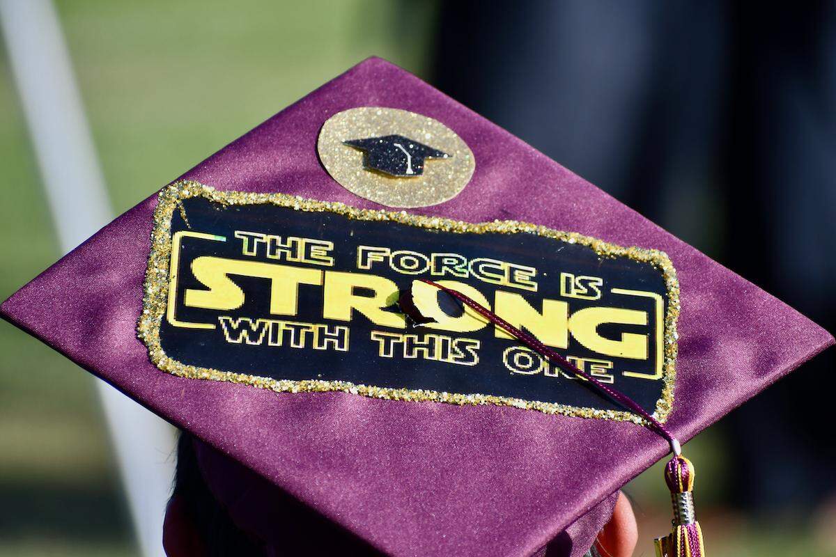 A decorated grad cap at Lopez Continuation High School’s graduation ceremony.