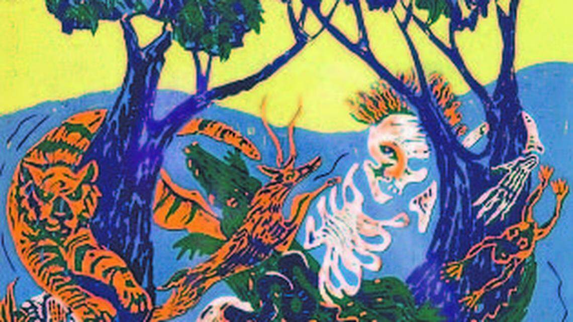 ‘Creating Endiku’ is a linocut reduction by Joyce Bauerle in the juried ‘Legends’ show.