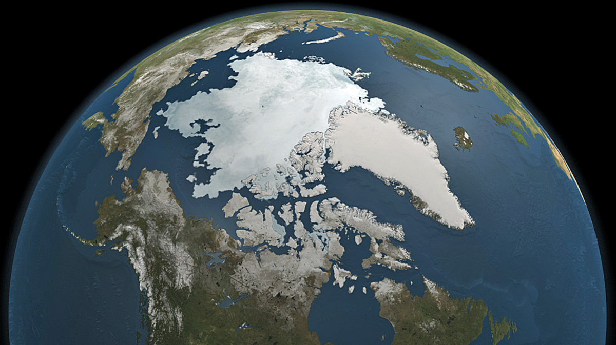 A stylized view from space of Greenland from the United States Geological Survey (USGS)