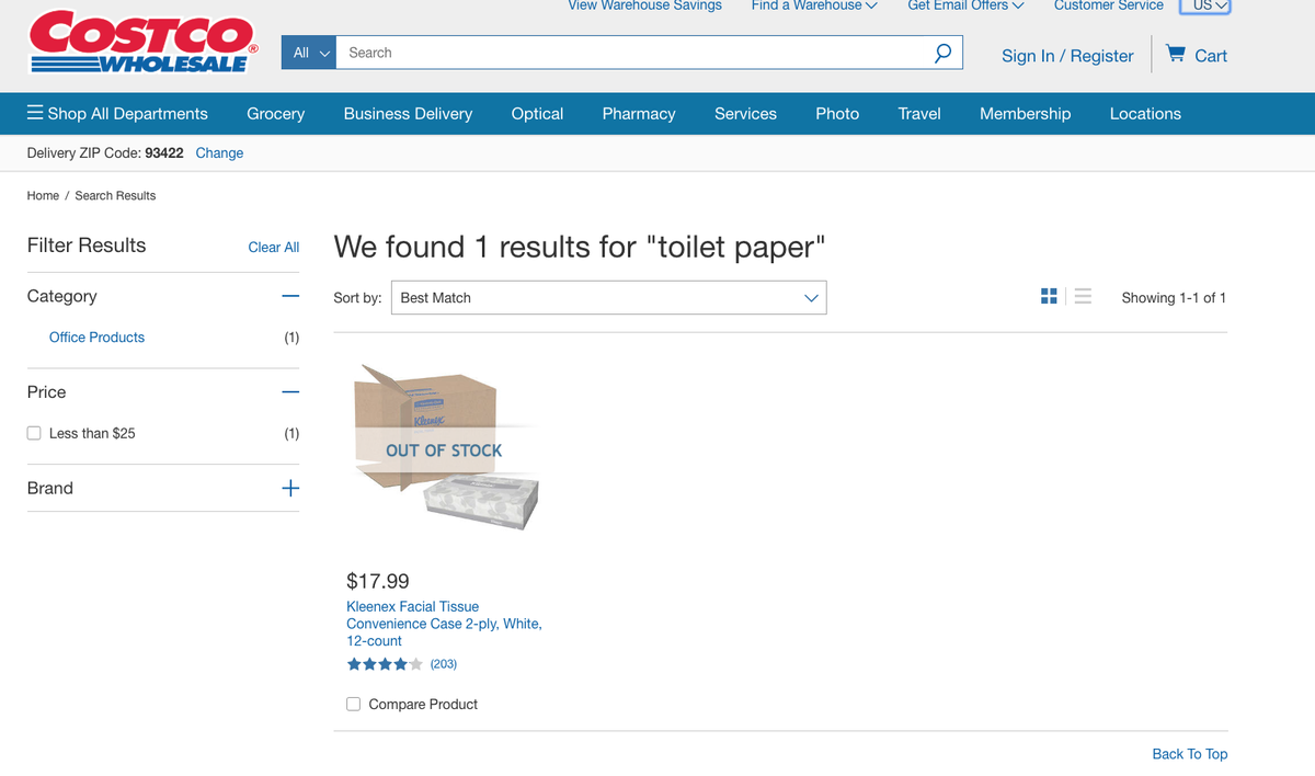 This is what you got when you searched Costco’s website for “toilet paper” on Saturday, March 14, 2020. The one hit it did return wasn’t even for toilet paper. And it wasn’t in stock.