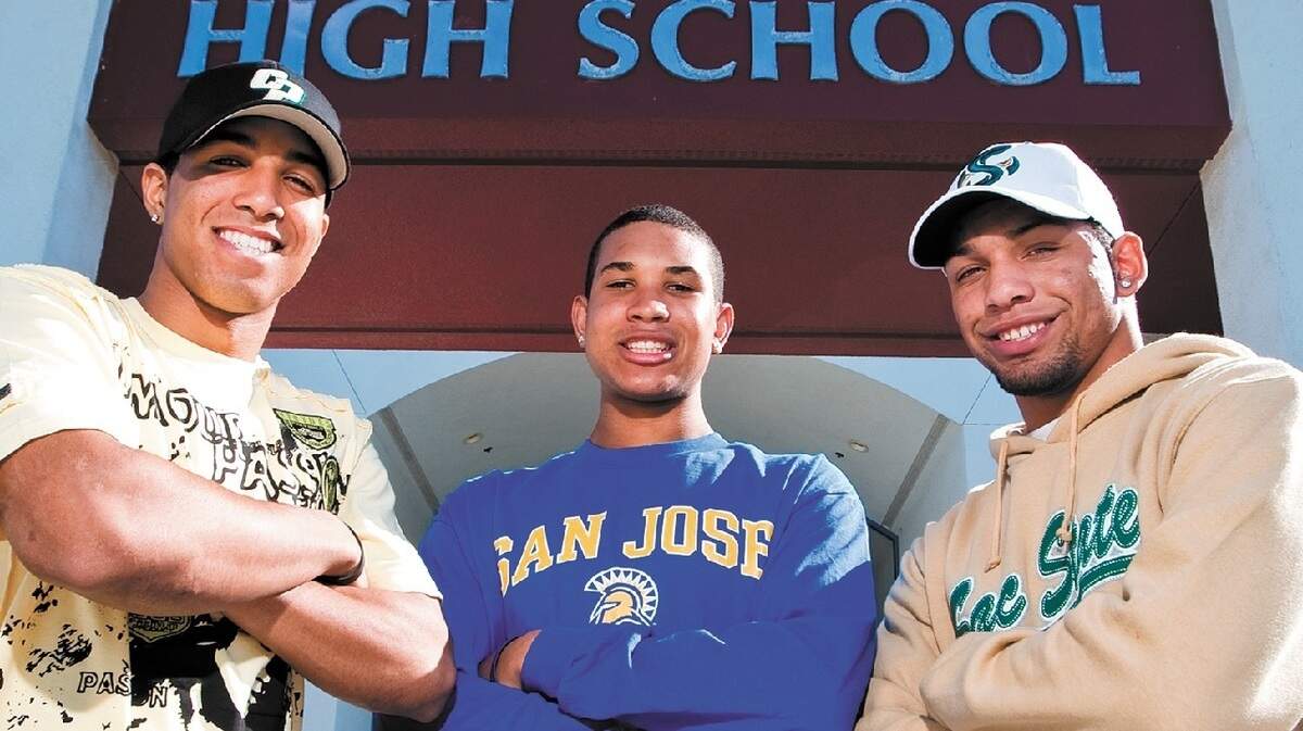 Nipomo High football players Kevin Britt, left, Akeem King and Duane Hanna signed National Letters of Intent to play college football on Wednesday. Britt signed with Cal Poly, King with San Jose State and Hanna with Sacramento State.