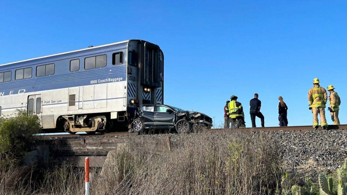 A woman was able to escape her car on Monday, Sept. 4, 2023, before an Amtrak passenger train slammed into the sedan on the railroad tracks south of Guadalupe. No injuries were reported in the incident, which resulted in the vehicle being pushed some 600 feet down the tracks.
