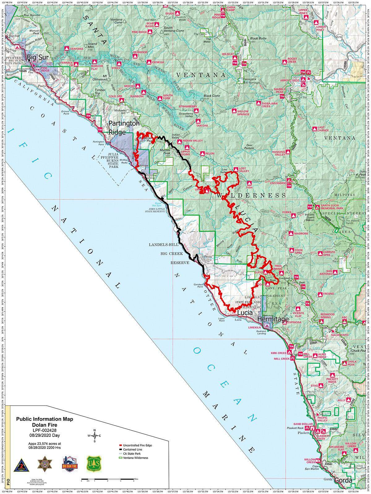 Dolan Fire map show the perimeter of the 25,000-plus acre fire on Saturday, August 29, 2020.