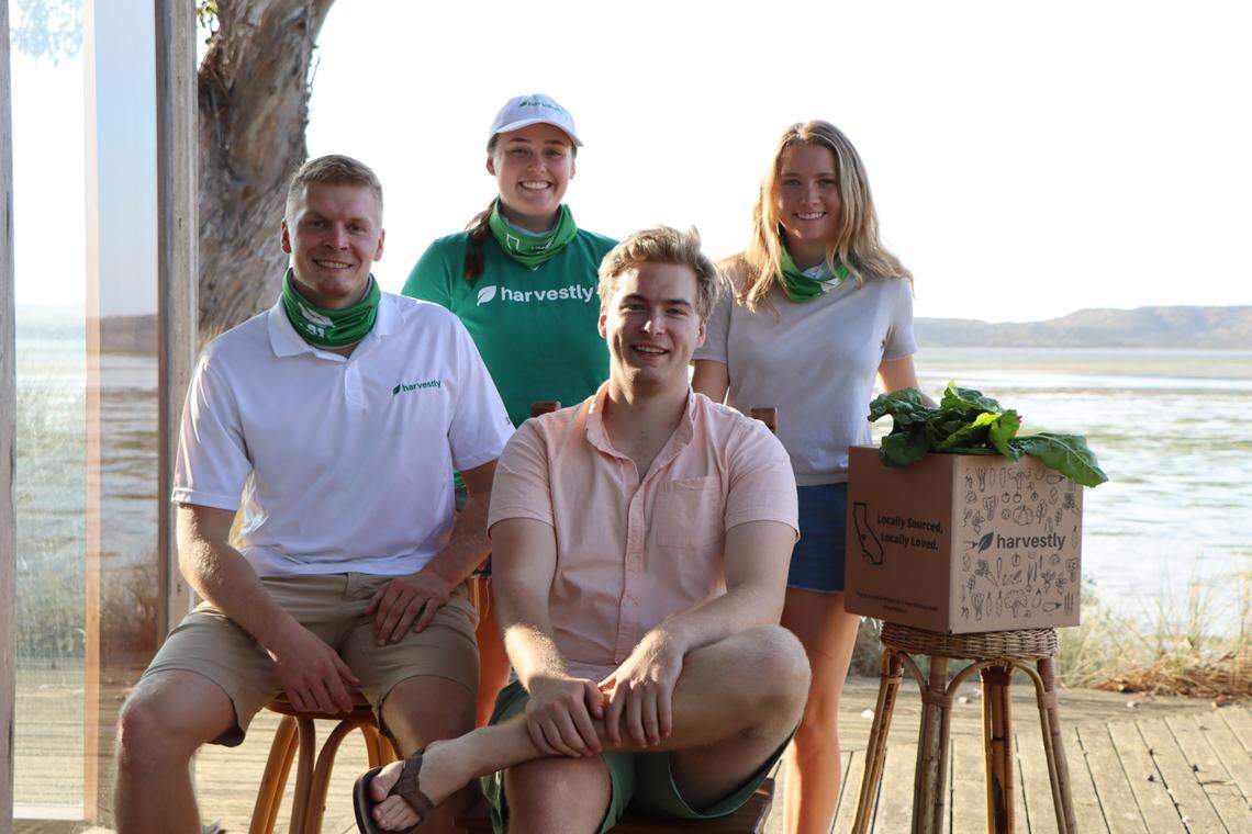 Cal Poly student Walter Lafky started Harvestly in March 2020. From left to right are head of operations Lars Schilderink, vendor relations and operations coordinator Madisen Petersen, Lafky and operations and marketing coordinator Perrie Lundstrom.