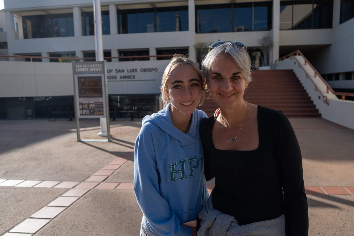 Cricket Pera, left, and her mother outside of the San Luis Obispo Superior Court after a rally for abortion rights in downtown San Luis Obispo on May 3, 2022.