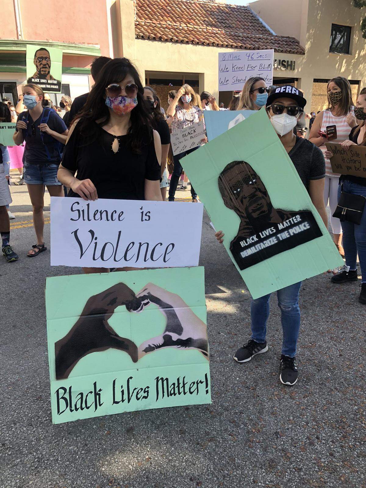 Maria Williams (left) of Morro Bay at an NAACP action rally in San Luis Obispo on June 4, 2020.