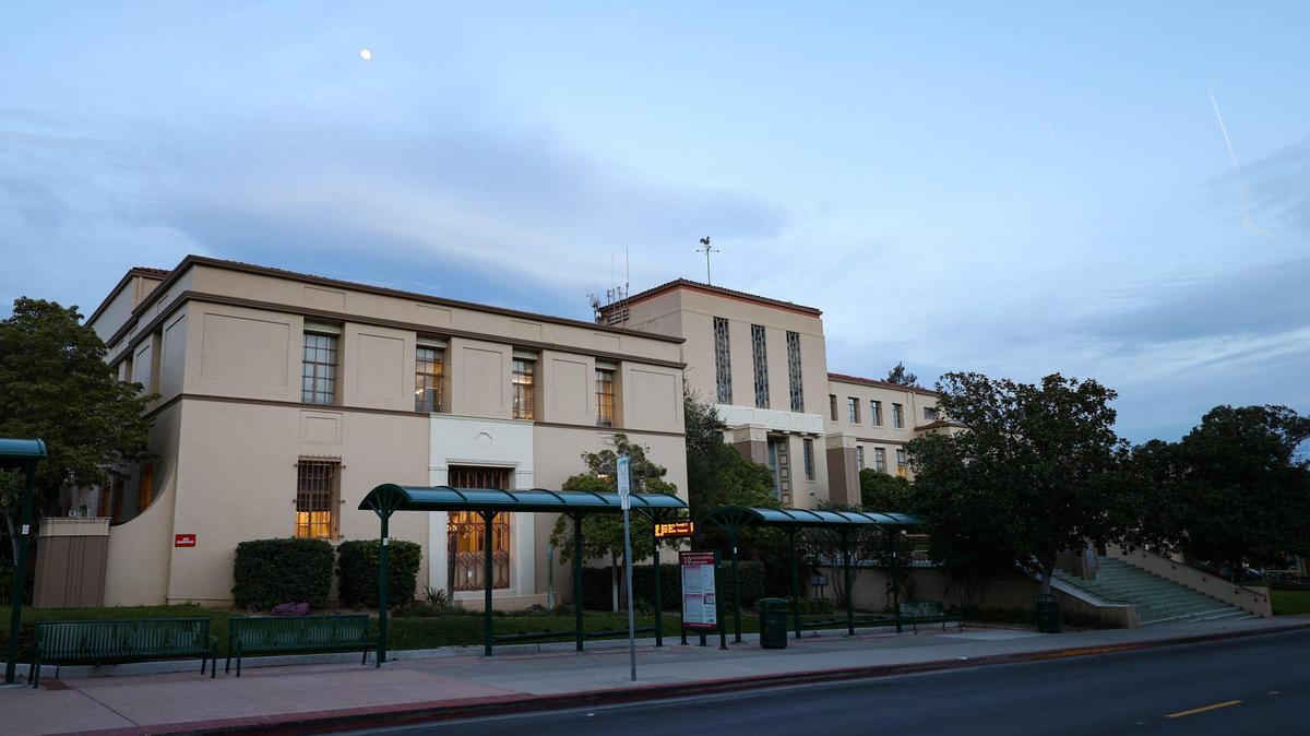 The former San Luis Obispo County courthouse building was built in part by the Works Progress Adminstration or WPA at the end of the 1930s seen here after sunset Feb. 2, 2023.