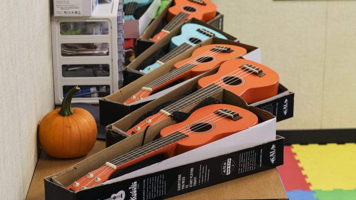 Ukeleles are the right size and skill level for beginning musicians. Infinite Music program at Mary Buren Elementary School in Guadalupe; Jody Mulgrew is the teacher, on Oct. 8, 2025.