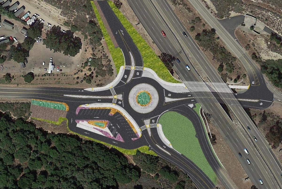 Traffic will detour for 40 days from Aug. 18, 2025, to Sept. 26, 2025 around the construction site of a planned roundabout at the intersections of Avila Beach Drive, Shell Beach Road and the southbound Highway 101 off-ramps and on-ramps.