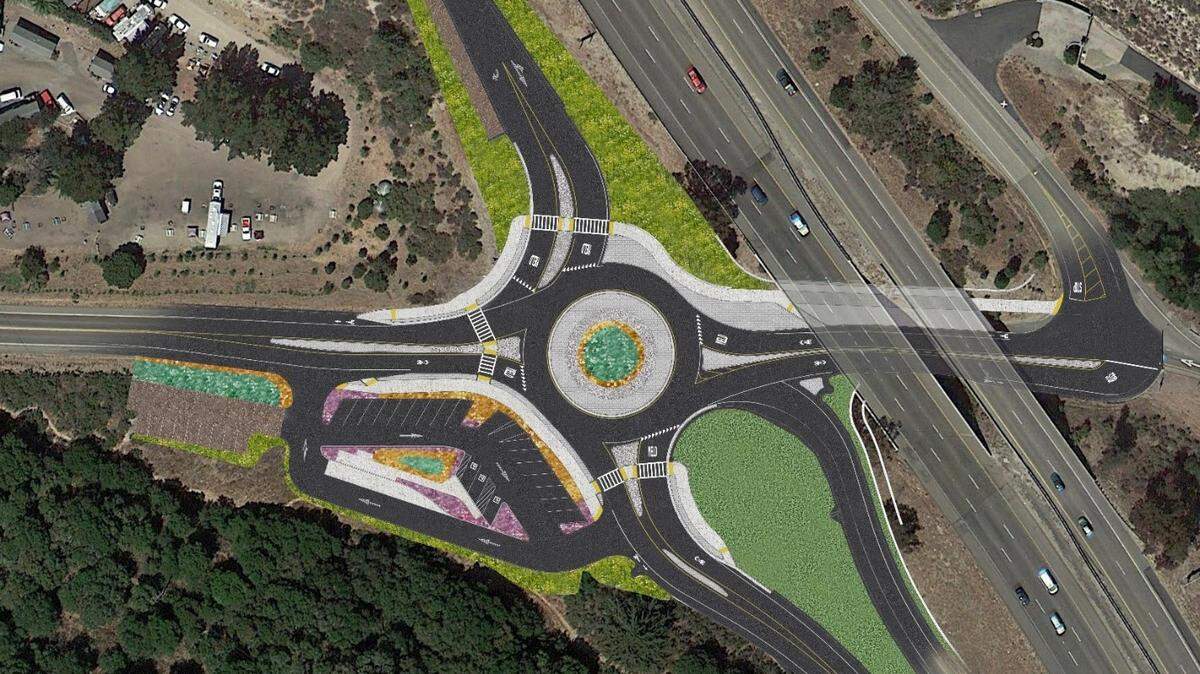 Traffic will detour for 40 days from Aug. 18, 2025, to Sept. 26, 2025 around the construction site of a planned roundabout at the intersections of Avila Beach Drive, Shell Beach Road and the southbound Highway 101 off-ramps and on-ramps.