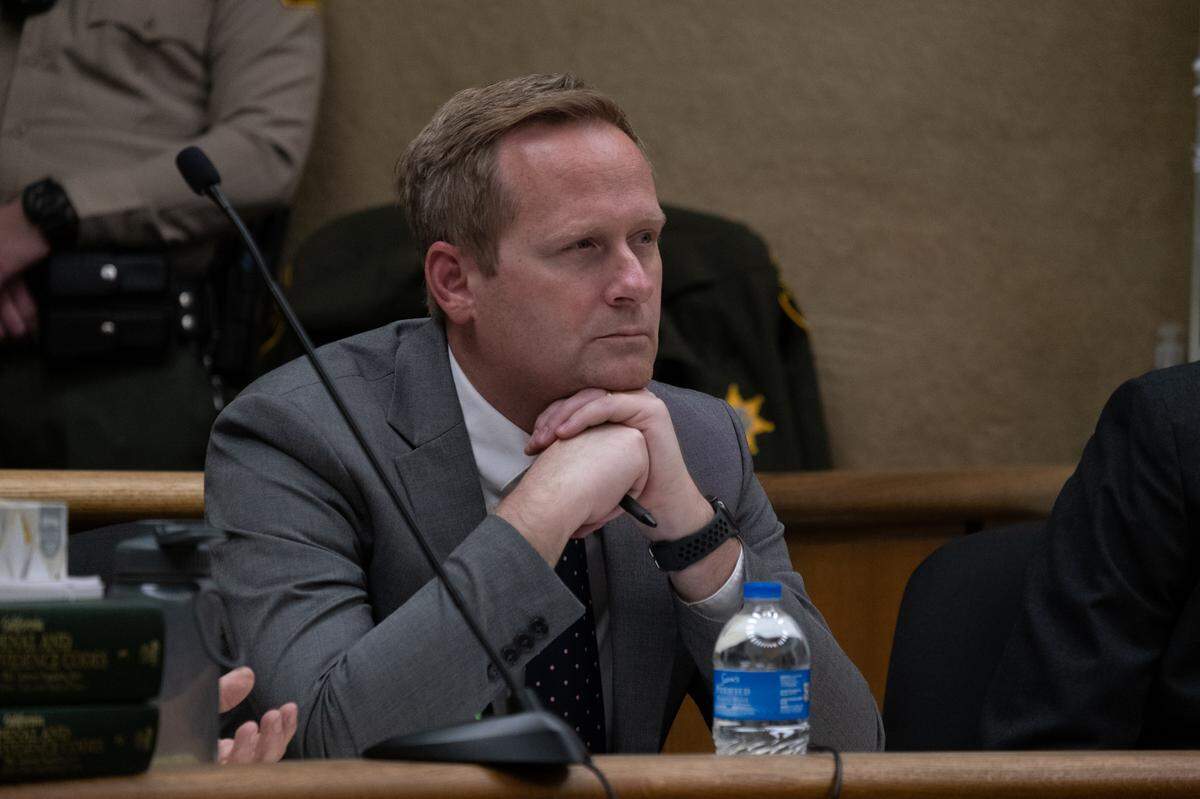 Defense attorney Tim Osman listens during the sanity phase of the trial against his client, Stephen Deflaun, in San Luis Obispo Superior Court on Apr. 24, 2023.