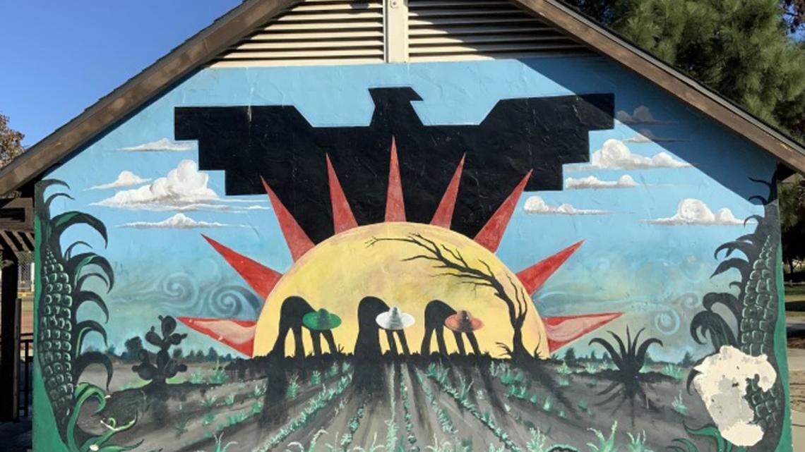 A mural titled “Campesinos” is one of several murals at Ortega Park in Santa Barbara that are at the center of a debate over how and whether to preserve them during a planned renovation of the park. 