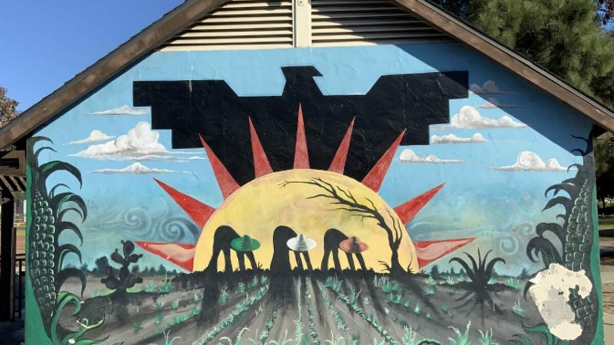 A mural titled “Campesinos” is one of several murals at Ortega Park in Santa Barbara that are at the center of a debate over how and whether to preserve them during a planned renovation of the park. 