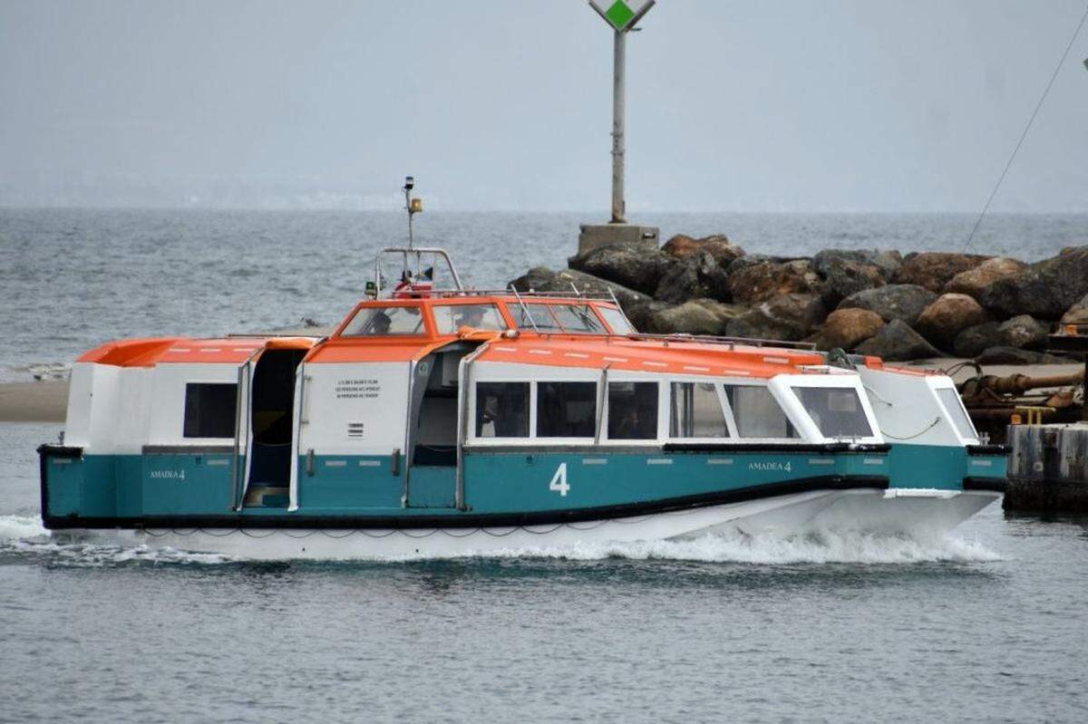 A tender bring passengers ashore in Santa Barbara from the cruise ship Amadea in March 2020.