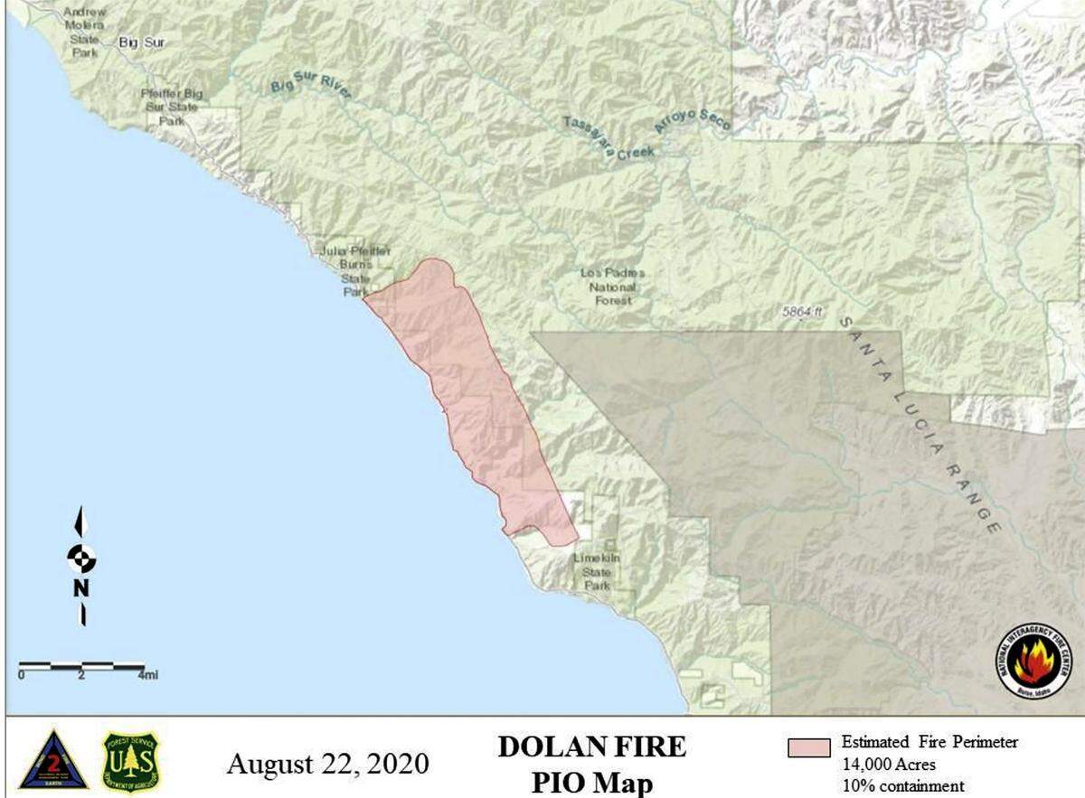 U.S. Forest Service map of the Dolan Fire in Big Sur, CA as of August 22, at 11 a.m.