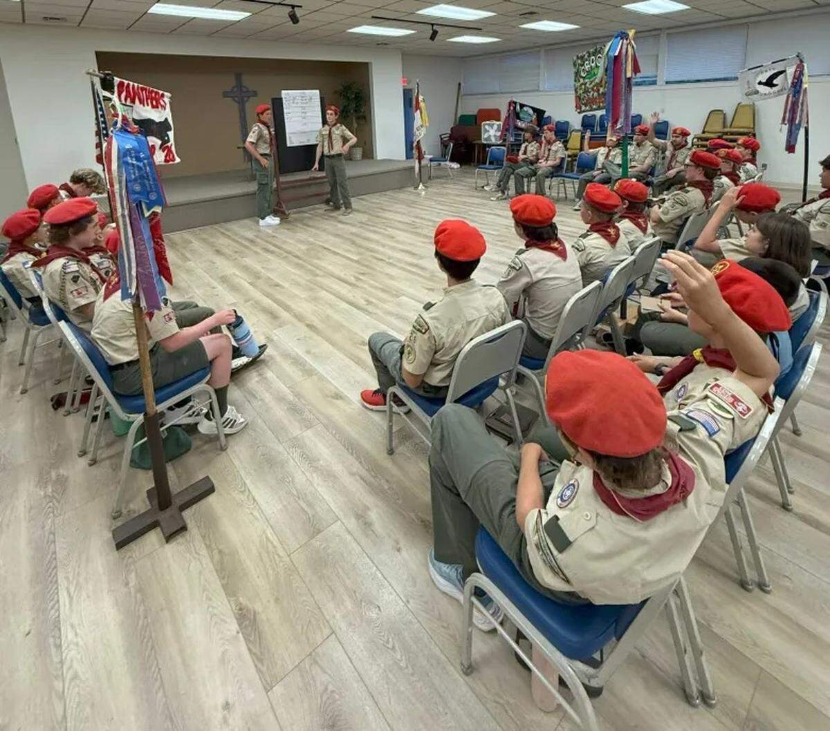 Boy Scouts from Troop 26 in Santa Barbara gather for one of their weekly Tuesday evening meetings. The Scouts helped rescue a man who got lost in the high Sierra in August 2025.