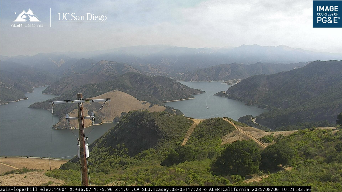 Smoke from the Gifford Fire hangs in the air over Lopez Lake on Wednesday, Aug. 6, 2025.