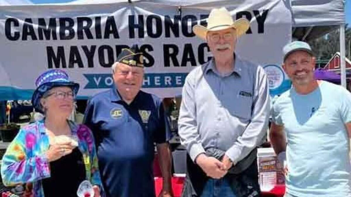 The 2026 candidates for Cambria’s nonpolitical, unofficial mayors’ race and the nonprofits for which they are raising money are: Dianne “Lady Ti Di” Brooke for the PTA, Jim Bahringer for American Legion Post No. 432, Del Clegg for the Rotary Club of Cambria and Barrett Stuart for the Cambria Tennis Club. They’re shown here during a community fair to introduce dozens of nonprofit groups.