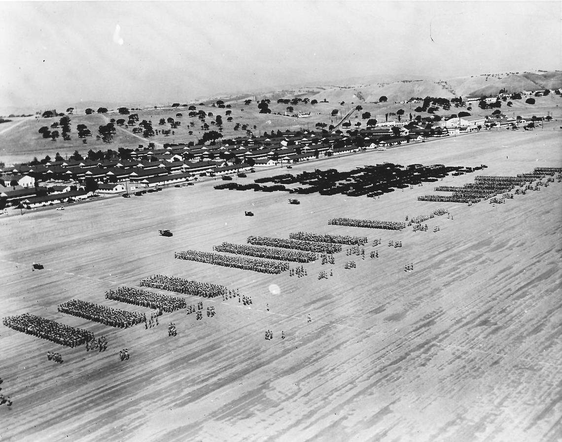 An undated aerial photo shows the Camp Roberts paved drill ground. The length of 14 football fields it was the largest the army had. At The end of World War II 45,000 troops were encamped for training.