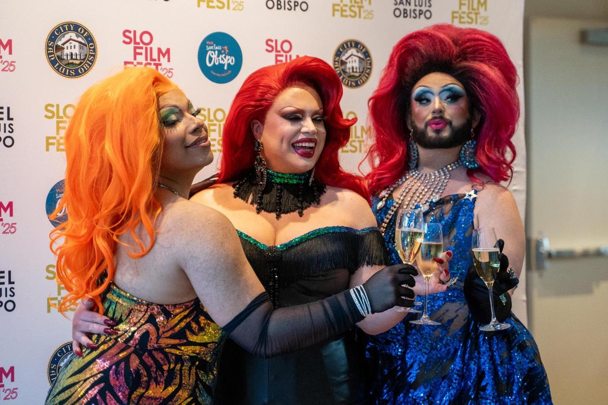 Drag queens Cleo Van Scarlett (left), Pandora Mystere and Juicy CW pose for photos at the presentation of the King Vidor Award to costume designer Bob Mackie, pictured here Monday, April 28, 2025. Mackie previously featured as a guest judge on “RuPaul’s Drag Race.”