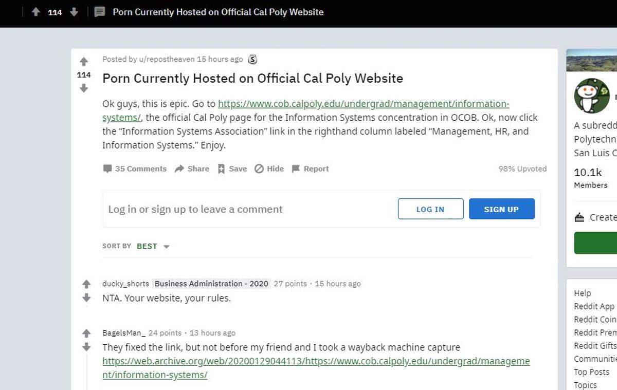 A link on the Cal Poly Orfalea College of Business directed users to a porn site for a few months, and Reddit had a laugh. 
