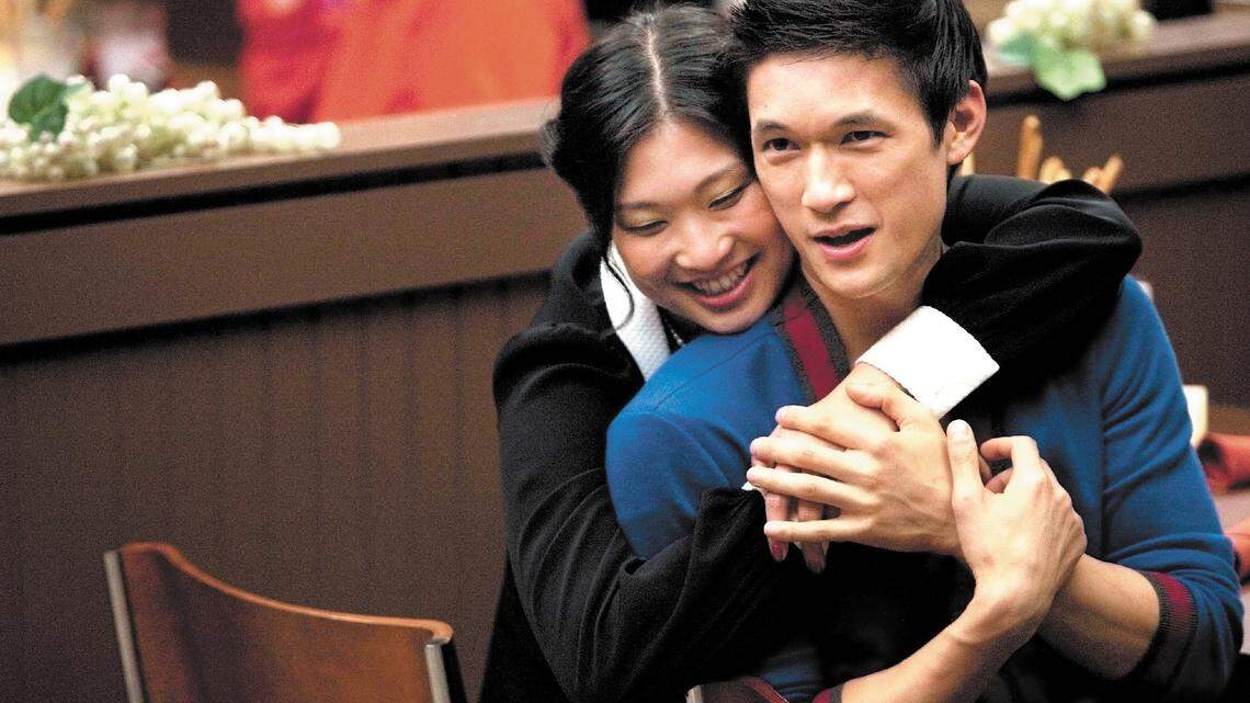 Harry Shum Jr., who grew up in the South County, shares a moment with Jenna Ushkowitz in the ‘Silly Love Songs’ episode of ‘Glee,’ which will air Tuesday.