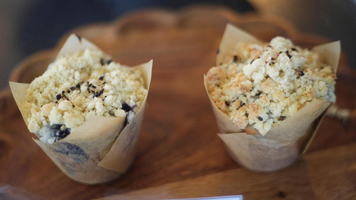 Blueberry streusel muffins from Rise and Shine Bakehouse. Yokoso coffee is open in Los Osos on Los Osos Valley Road, seen here on May 29, 2025.