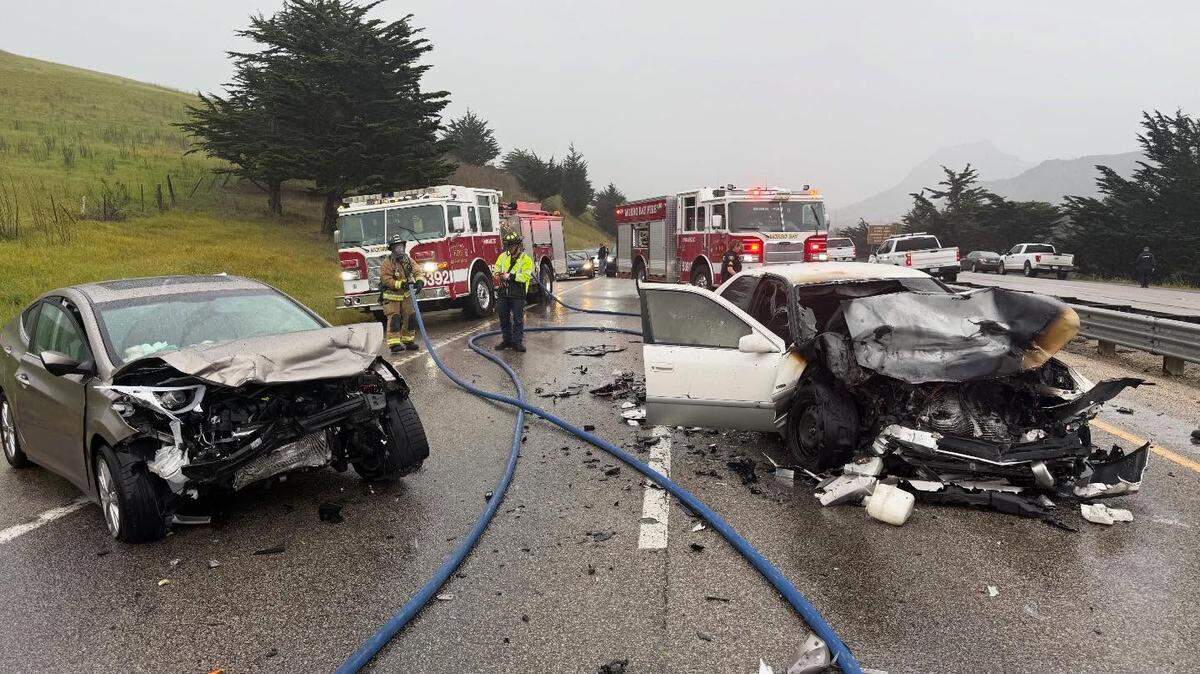 A silver Hyundai driving the wrong way on Highway 1 crashed head-on into a white Lexus near the Morro Bay Boulevard off-ramp on Feb. 10, 2026.
